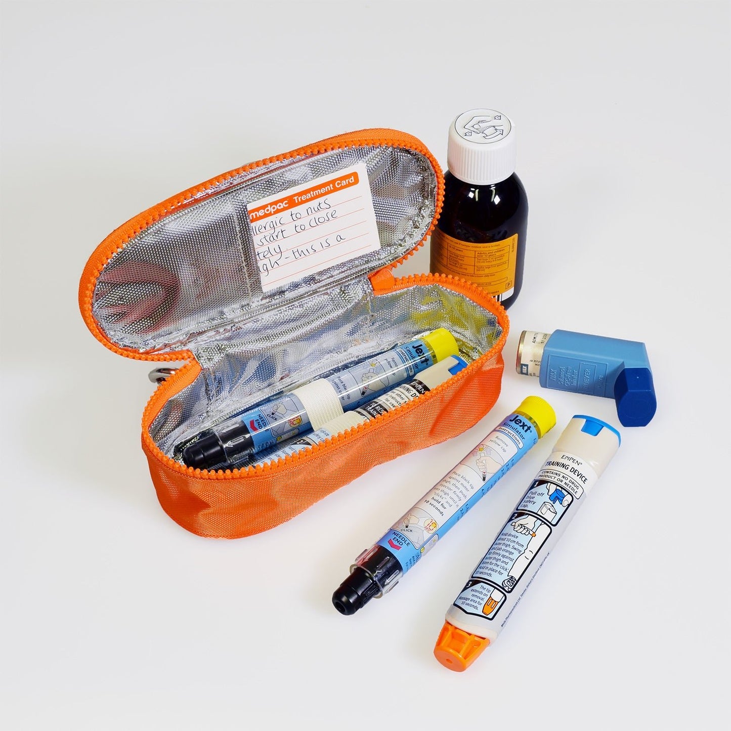 small orange insulated zip bag to hold medicines and ID card