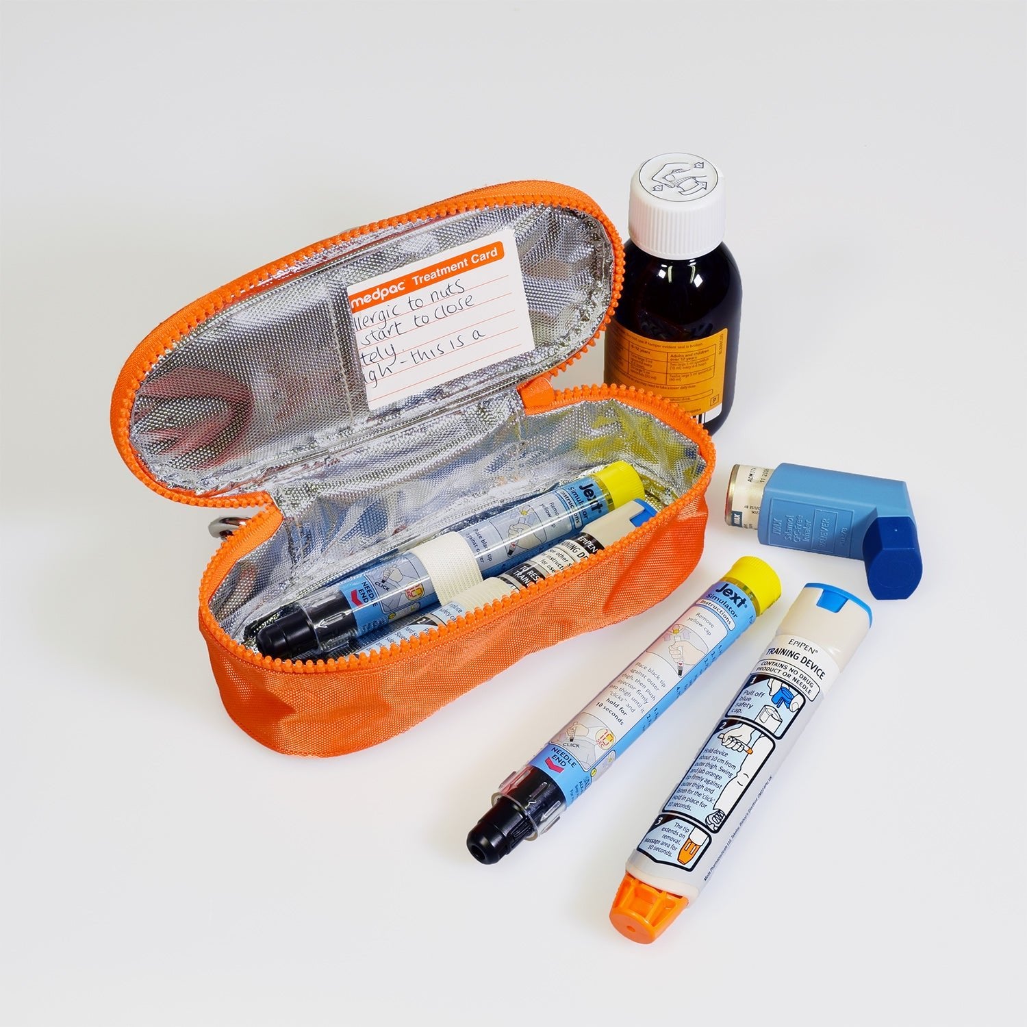 small orange insulated zip bag to hold medicines and ID card